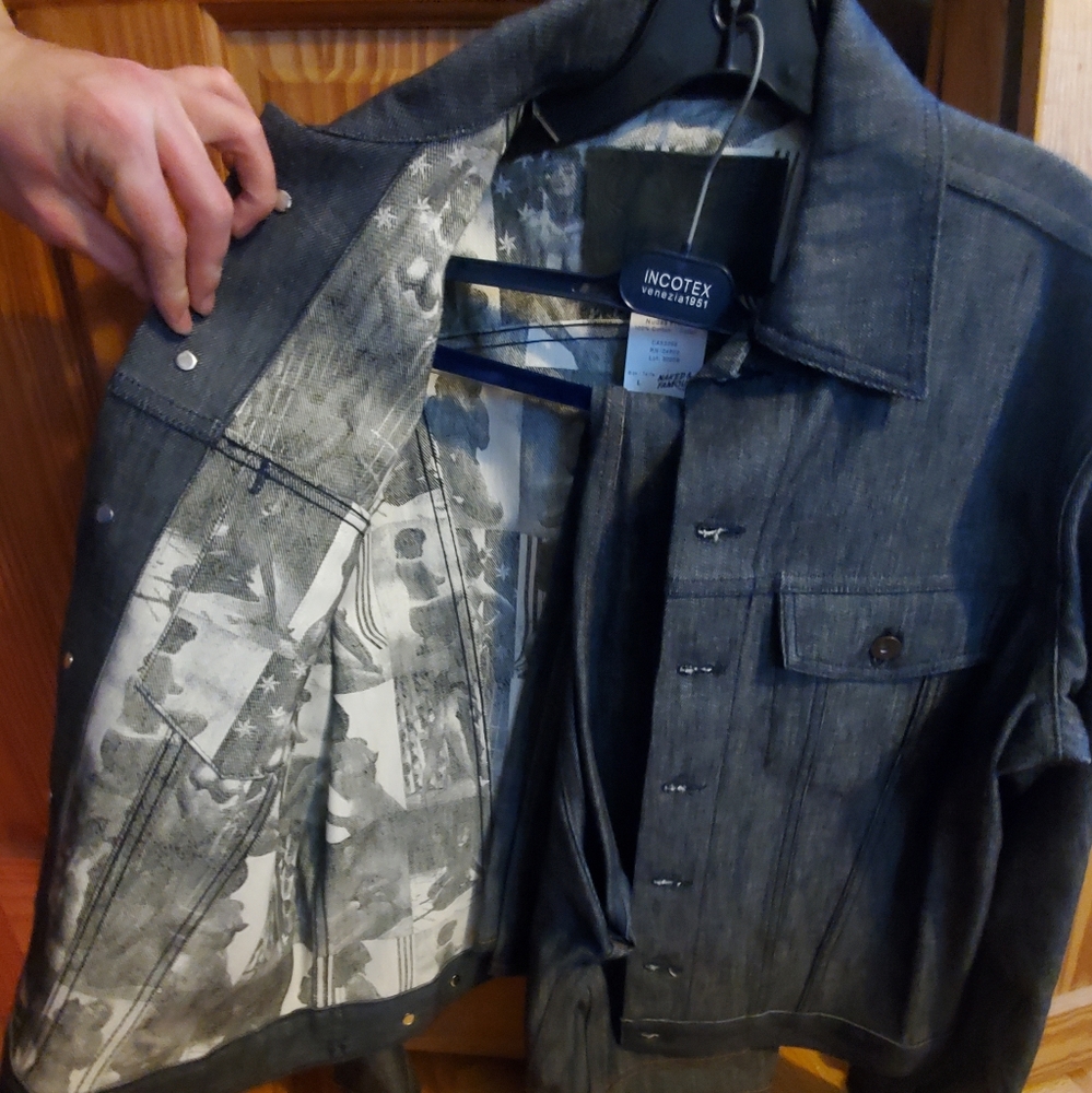 Naked and Famous Vintage Nude print denim pants and jacket
